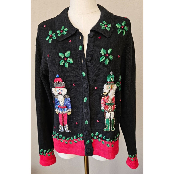 Vtg Christmas Cardigan Sweater Petite Small Victoria Jones Beaded 3D Nutcrackers - Picture 1 of 10